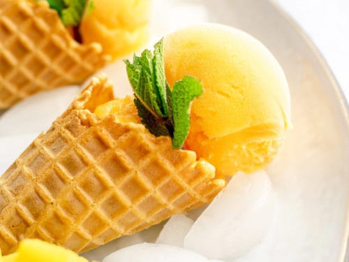 Mango sorbet ice cream scoop in scooper, square crop stock photo (147282) -  YouWorkForThem