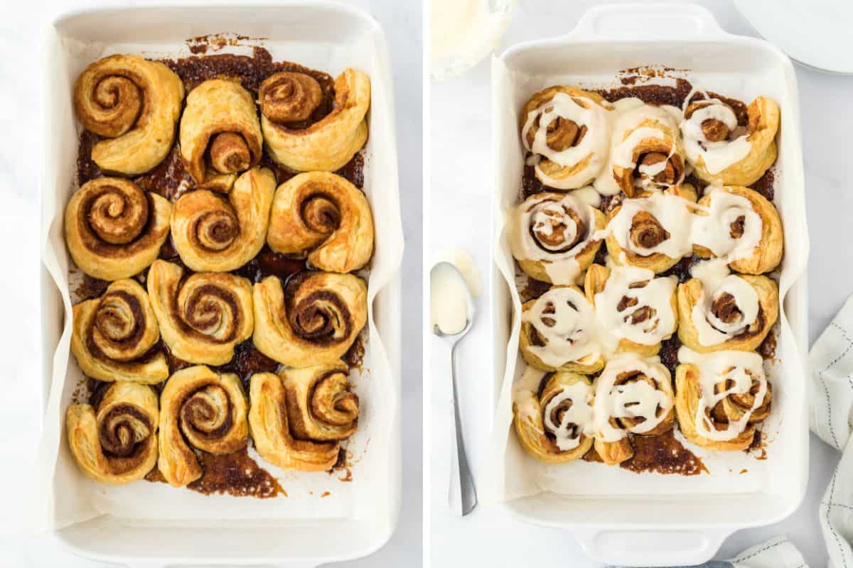 A collage of freshly baked puff pastry cinnamon rolls in a baking dish and then drizzled with the icing.