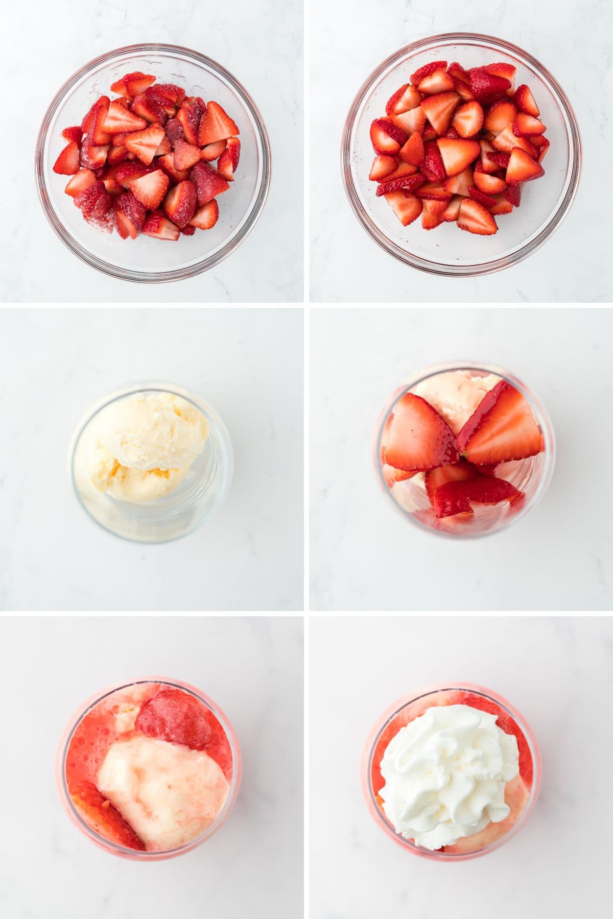 A collage of images showing the steps for making a strawberry float.