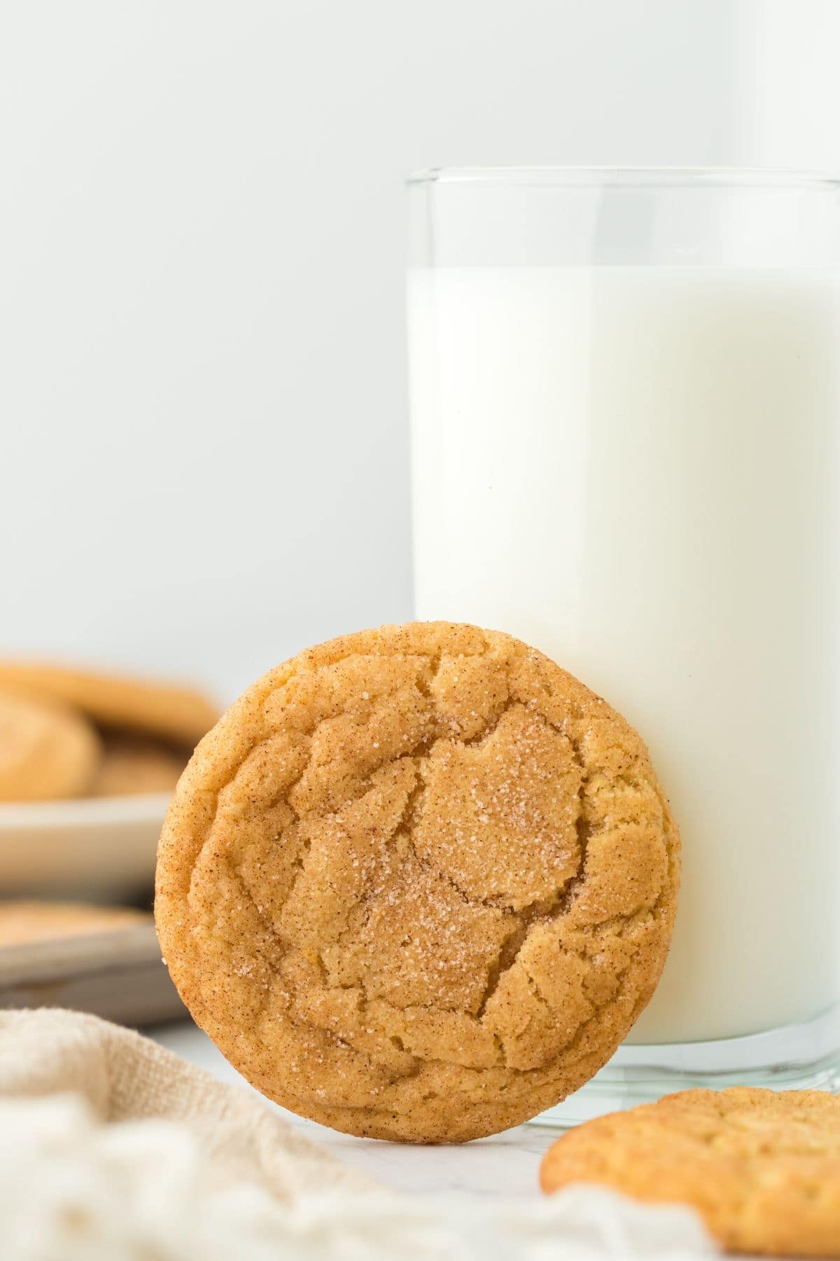 A brown butter snickerdoodle cookie leaning on a glass of milk.