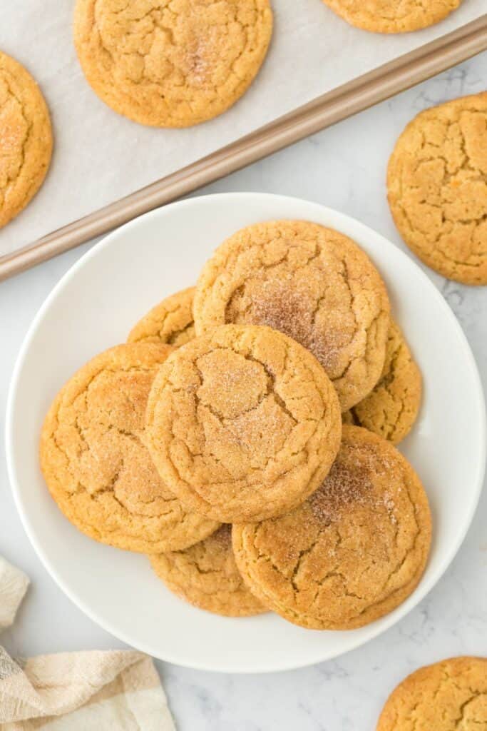 A plate of snickerdoodle cookies with a tray in the frame and cookies on the table.