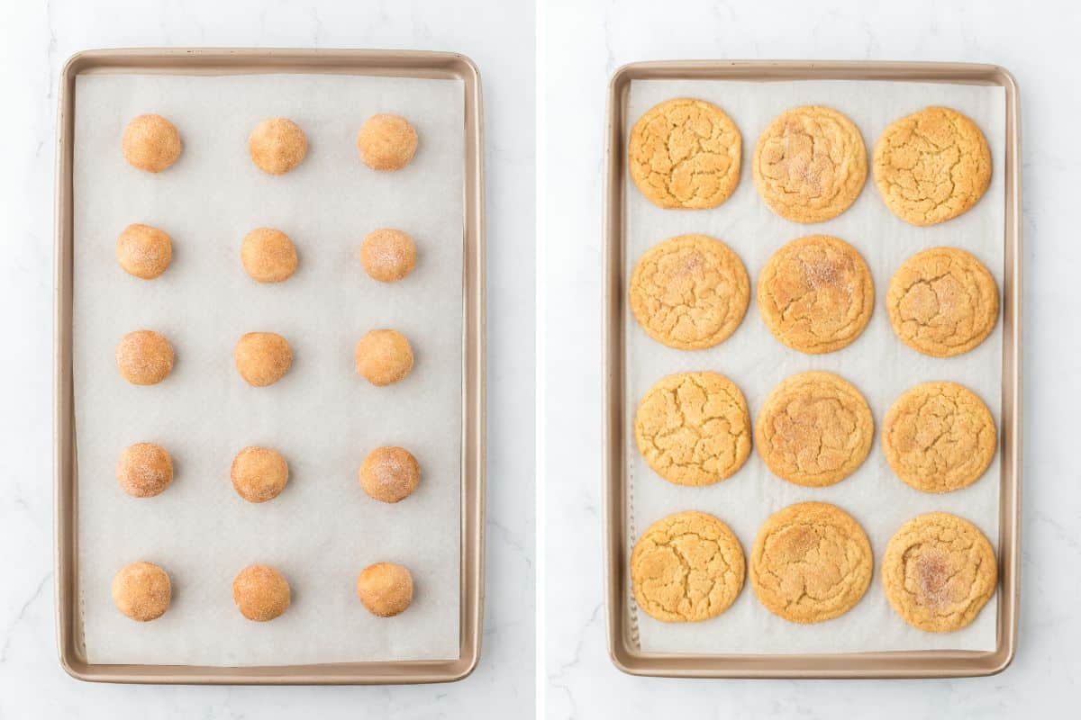 Cookie dough balls on a baking tray and then after baking.