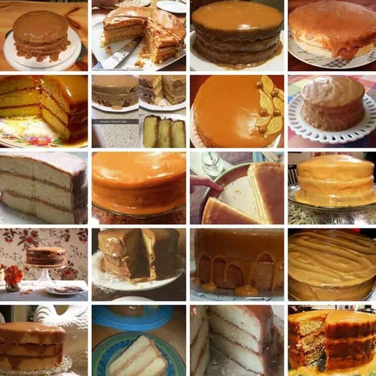 A collage of Images of readers real deal caramel cake creations.