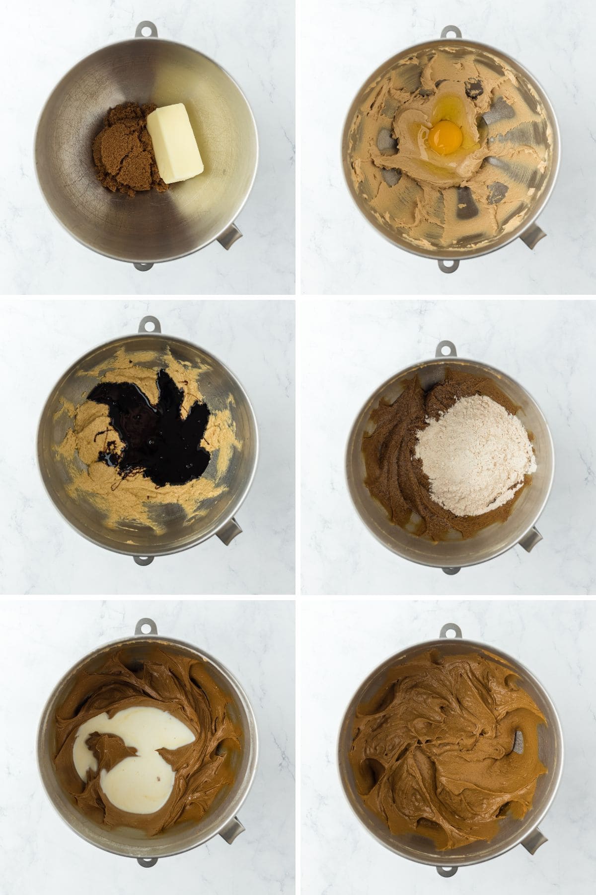  A collage showing the steps for mixing the batter for the gingerbread. 