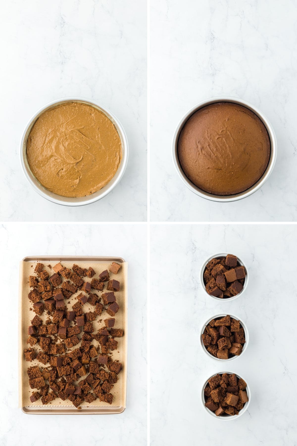A collage showing the batter poured into a pan, then after it's baked, cake is cut into squares on a baking pan, and then placed in ramekins. 