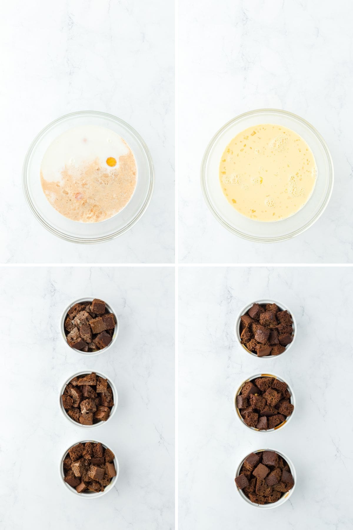 Custard ingredients before and after mixing and then poured over the ramekins with gingerbread, and finally the ramekins after baking.