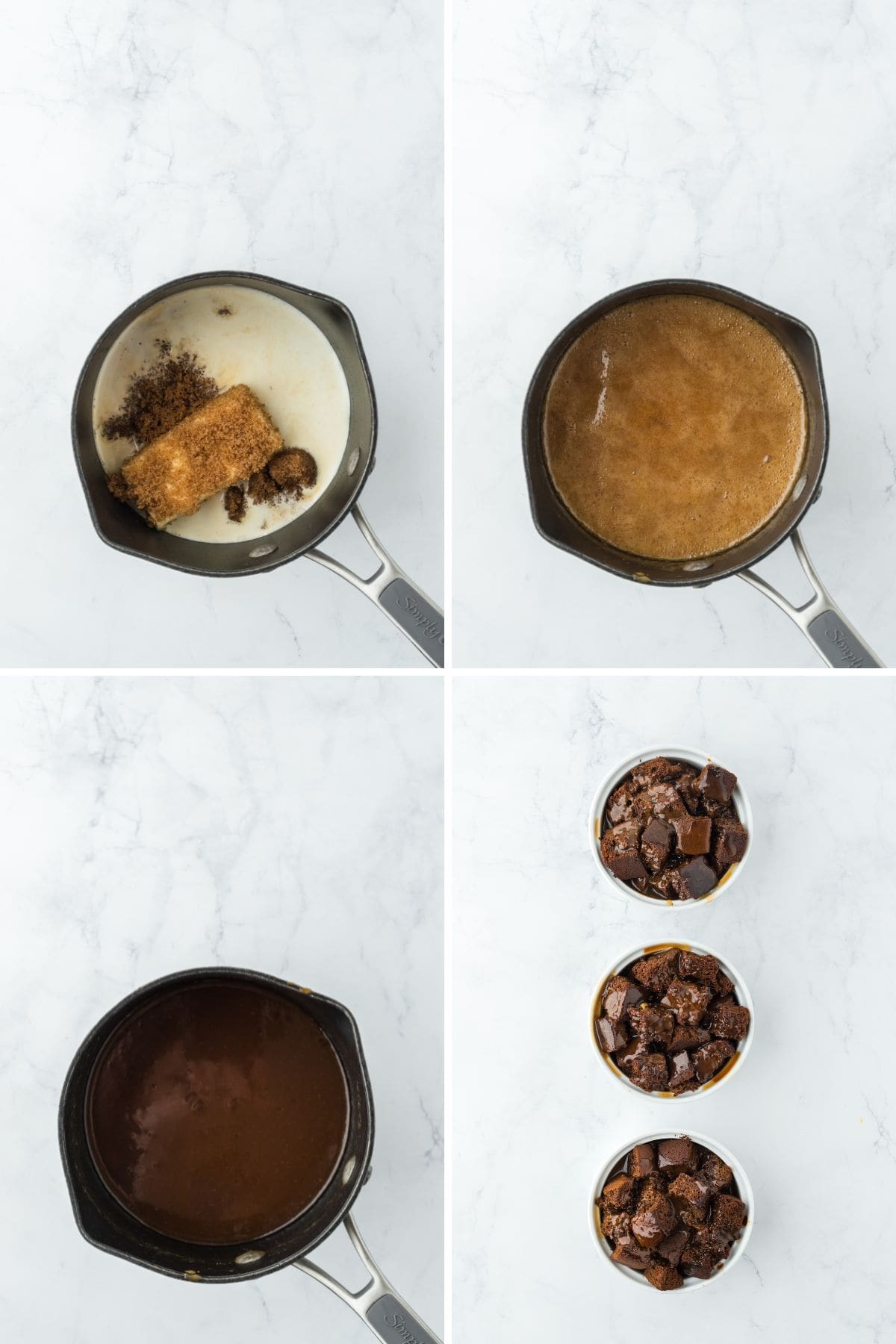 A collage showing the steps for making the toffee sauce and then it poured over the bread pudding ramekins.
