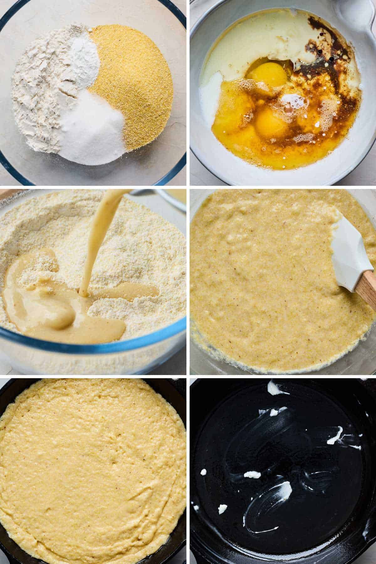 A collage of images showing the steps in mixing honey cornbread from the wet ingredients, the dry ingredients, and then mixed together and added to a skillet to bake.