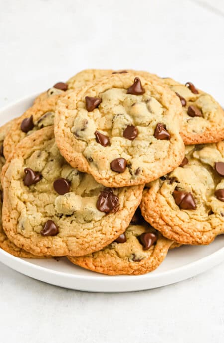 A plate of Mrs Fields chocolate chip cookies ready to eat.