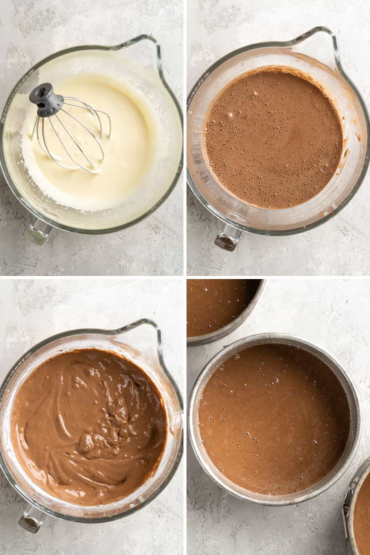 4 image collage showing how to make a chocolate cake batter