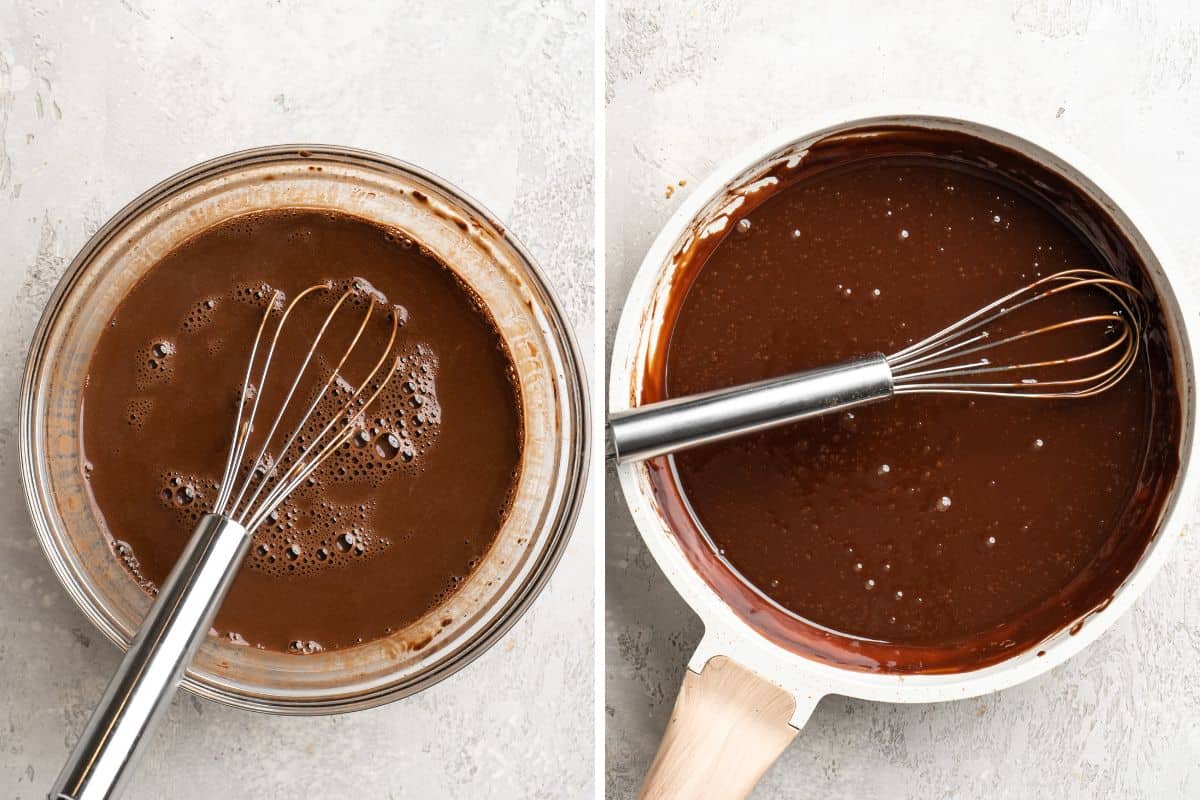 two image collage showing how to make chocolate ganache