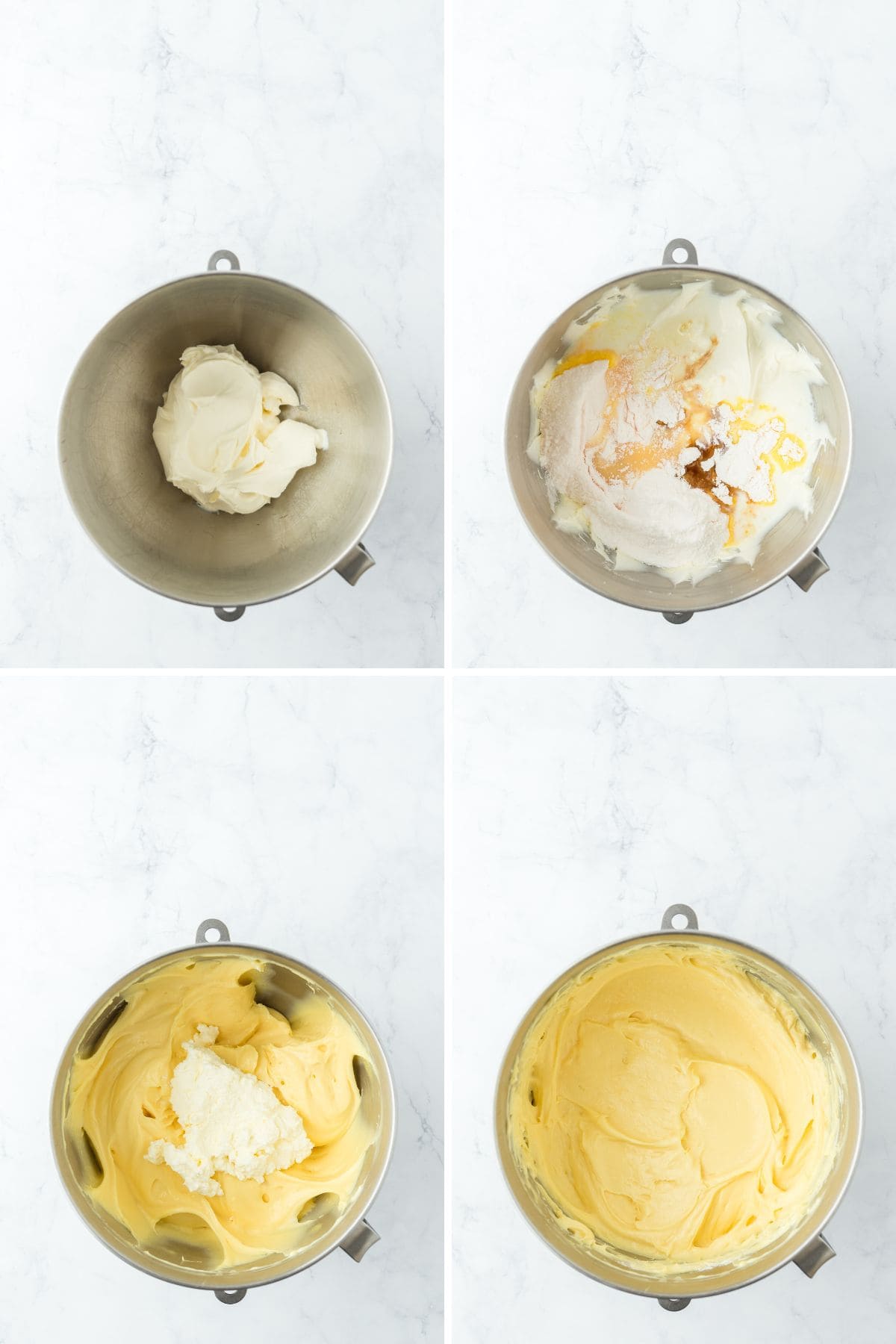 A collage showing the steps for beating the cream cheese and adding other ingredients to make the banana tiramisu filling.