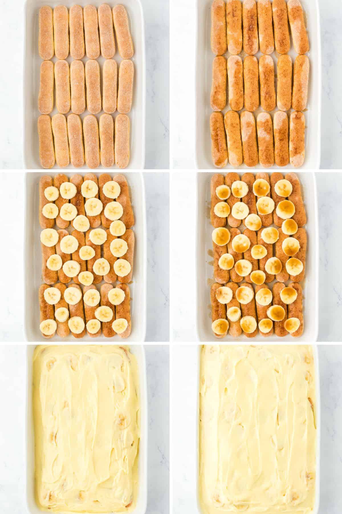 A collage showing layering the ladyfingers, bananas, and tiramisu filling to make the dessert.