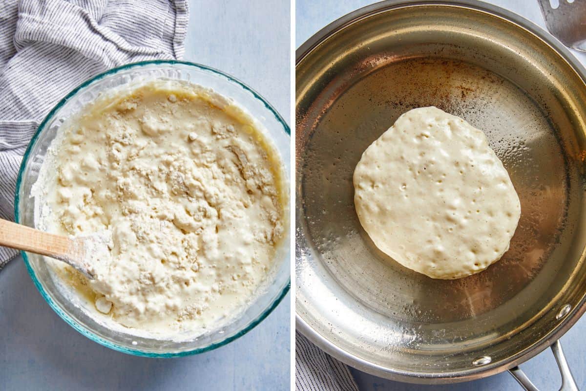 A collage showing mixing the pancake mix and then a pancake cooking in a skillet.