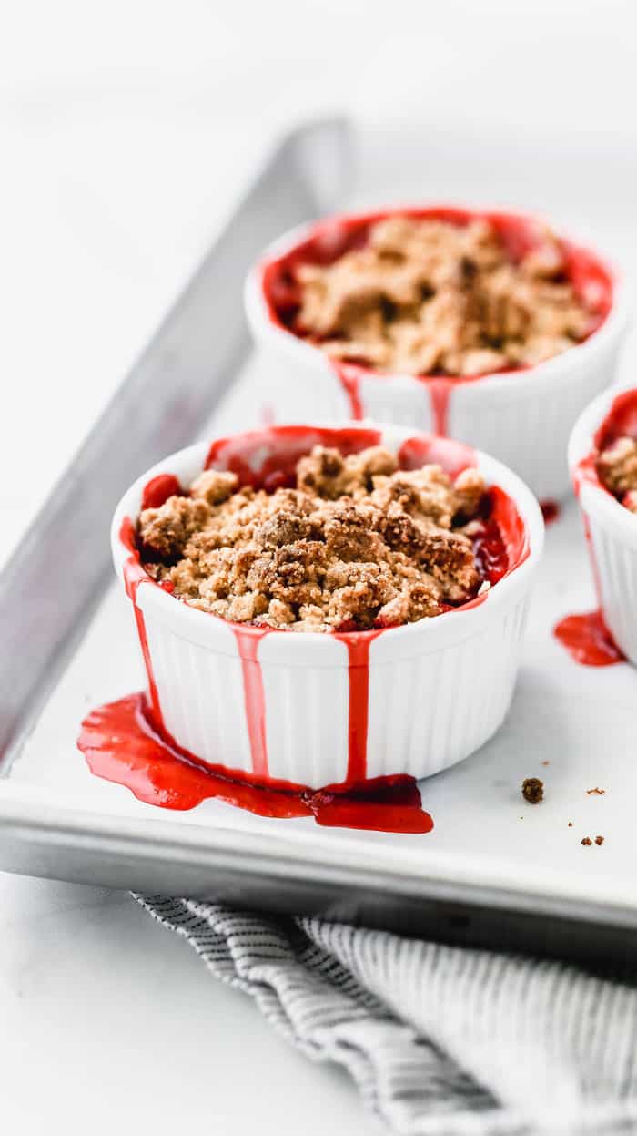Close up of Individual Strawberry Crumbles right out of the oven