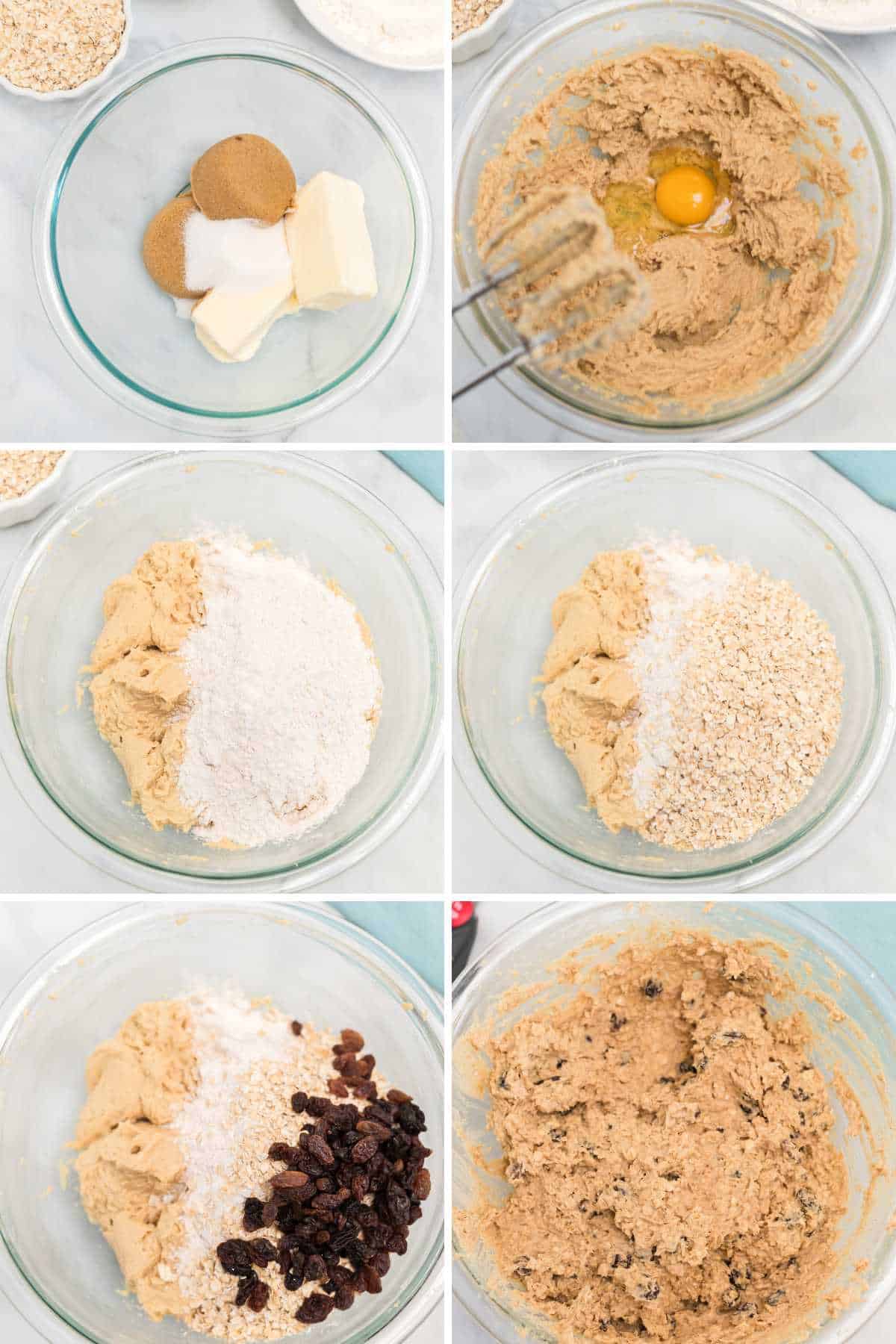 A collage of images showing mixing the oatmeal raisin cookie dough.