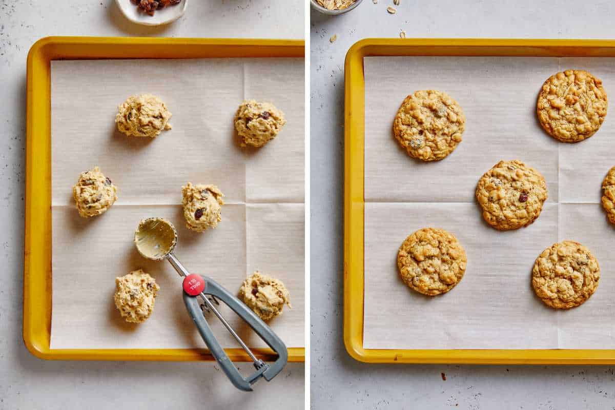 A collage of two images showing scooping the dough on a baking tray and after they're baked.