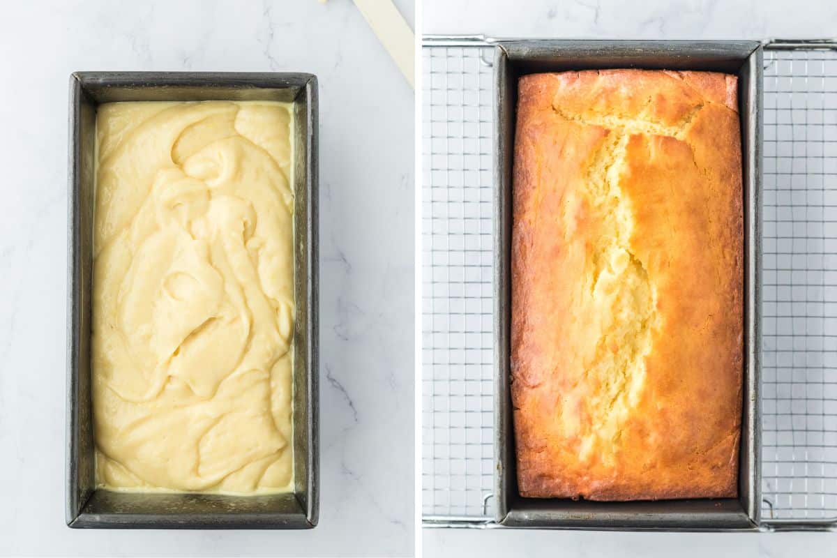 Lemon cake batter poured into a loaf pan and then after it's baked.
