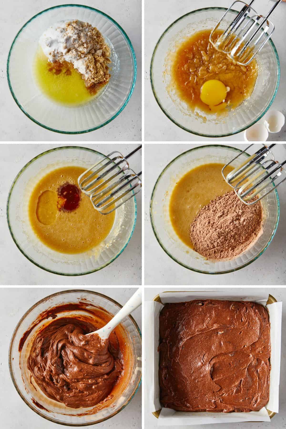 A collage showing the steps for mixing the brownie base for these oreo bars.