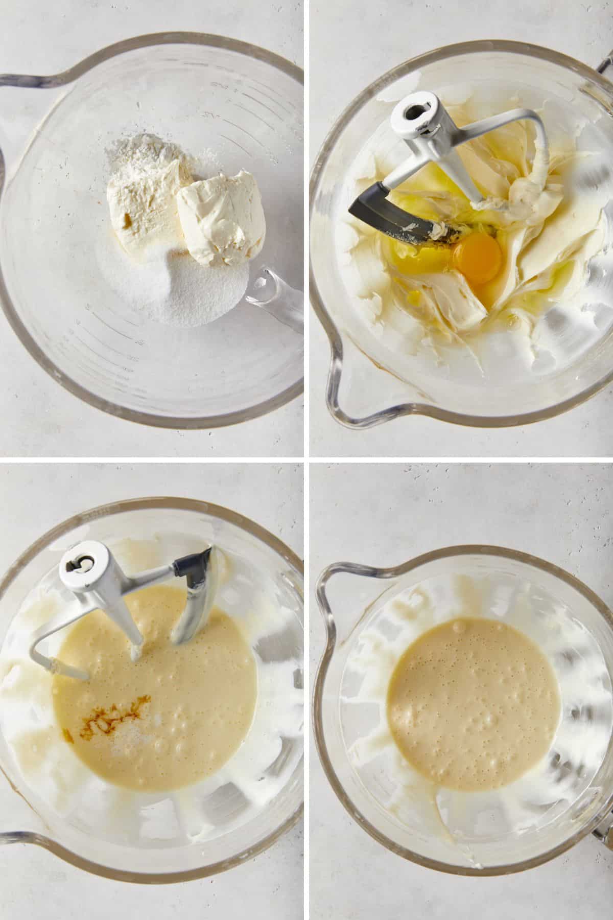 A collage of images showing the steps for mixing the cheesecake topping for these oreo cookie bars.
