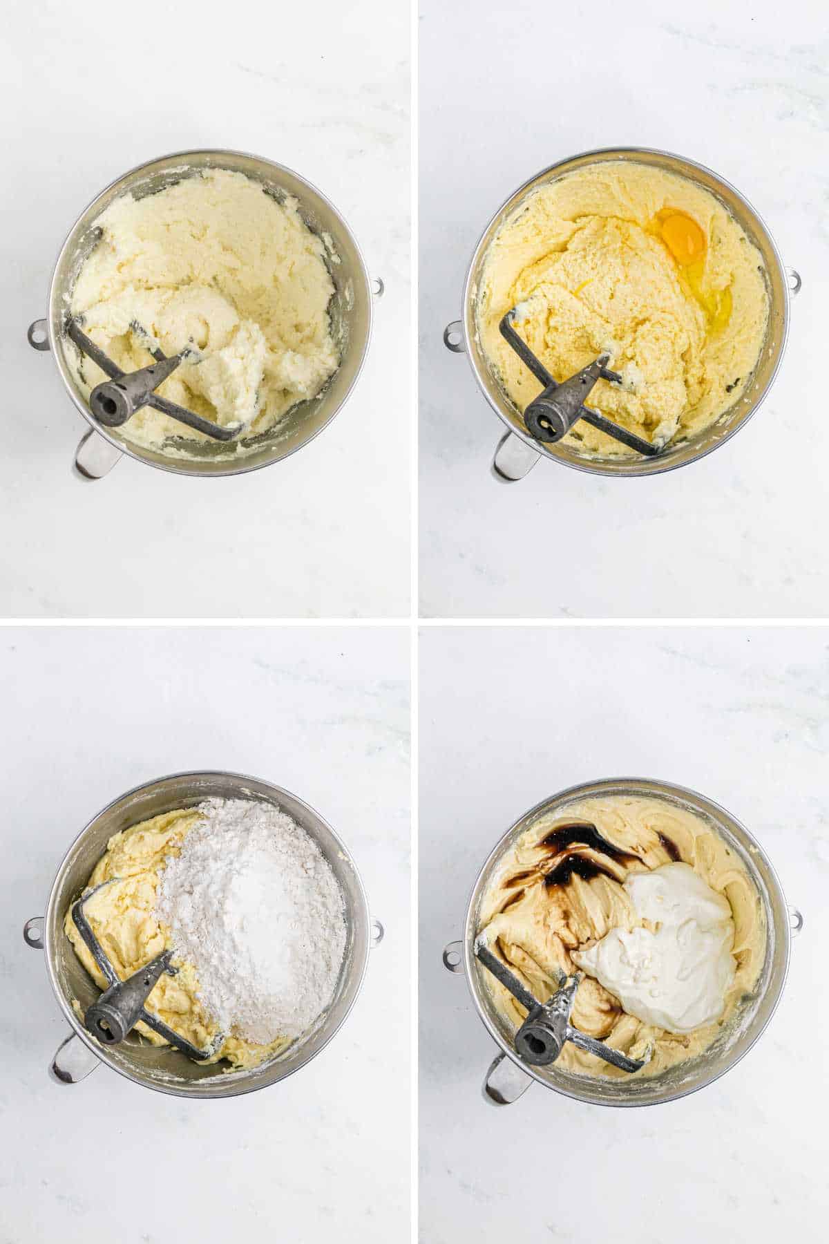 Collage showing mixing the cake batter.