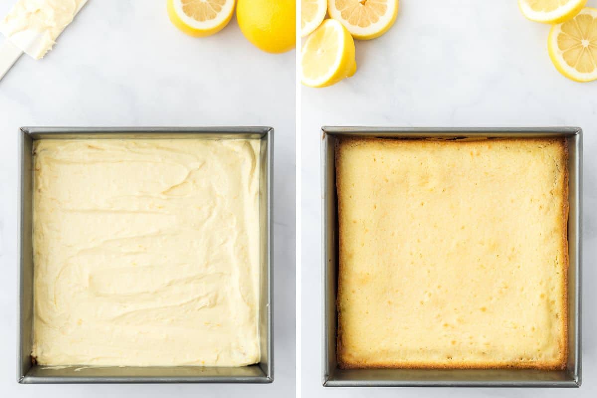 Lemon brownie mixture on top of the sugar cookie crust and then after baked.