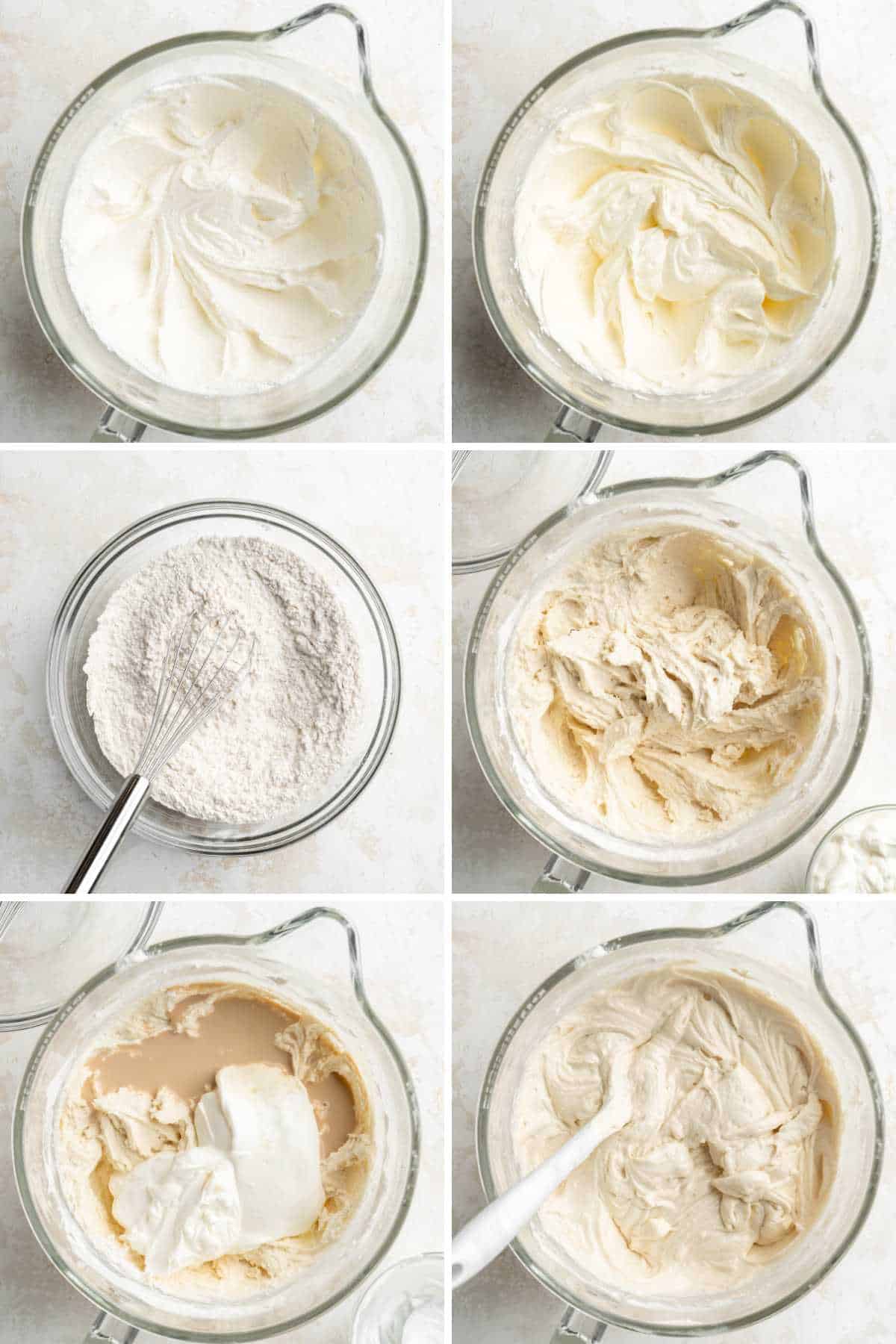 Collage of images showing making the pineapple upside down cupcake batter.