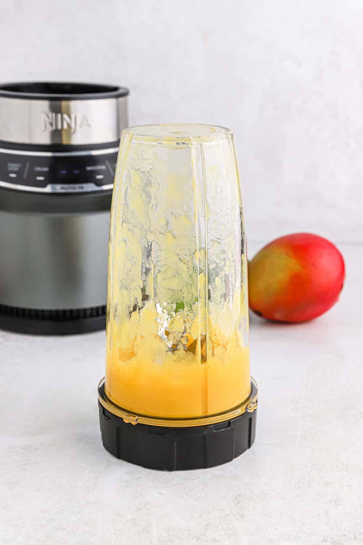Mango pureed in a small blender.