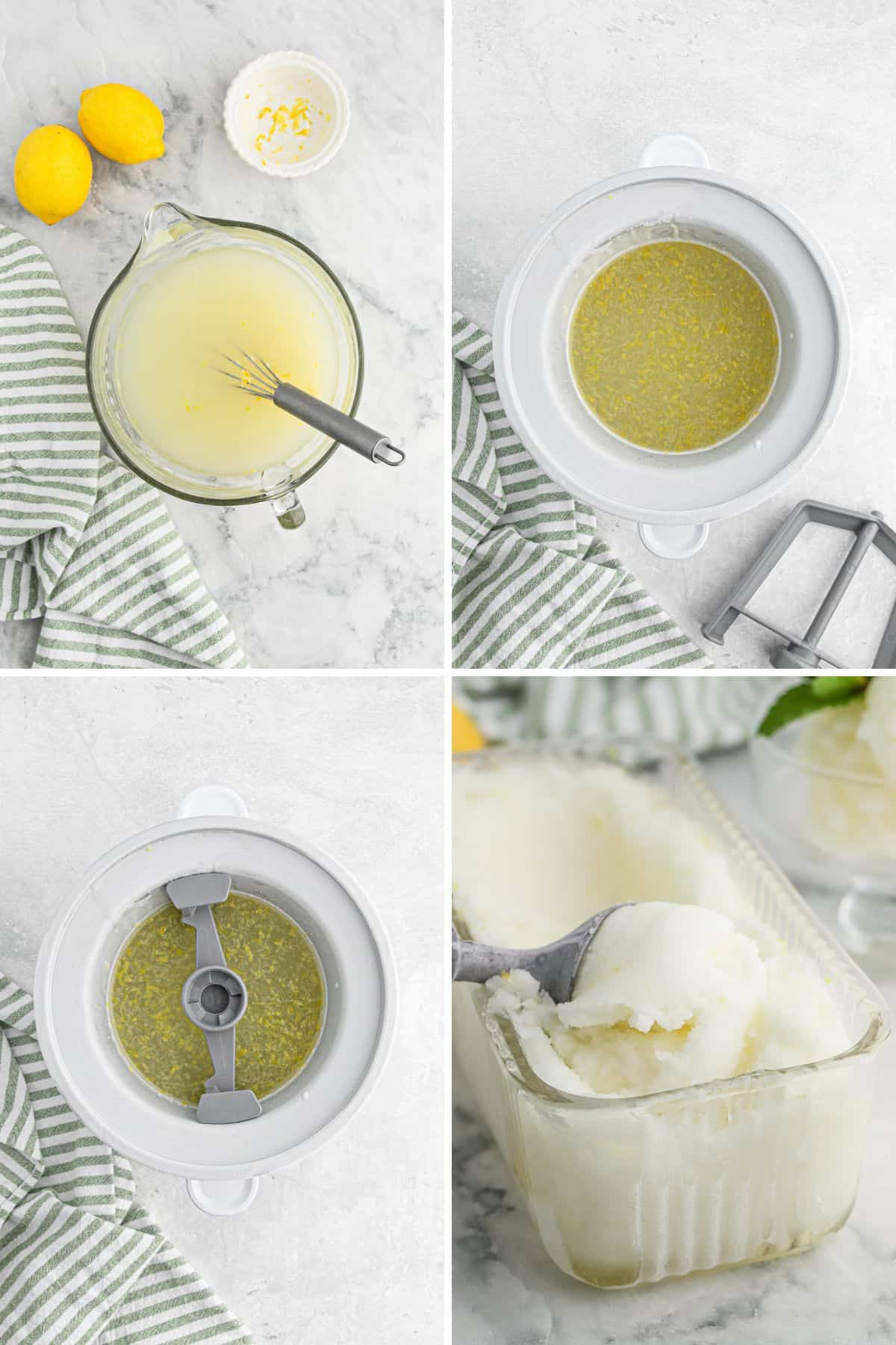 Collage of images showing the steps for making lemon sorbet.