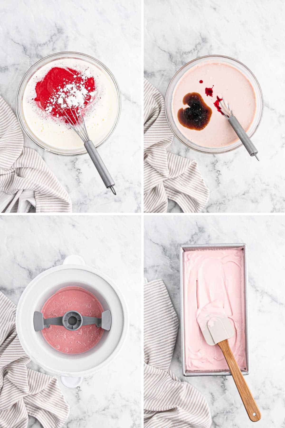 A collage of adding the raspberries to the milk and egg mixture and then the vanilla until it goes into the ice cream freezer and then a loaf pan for storage.