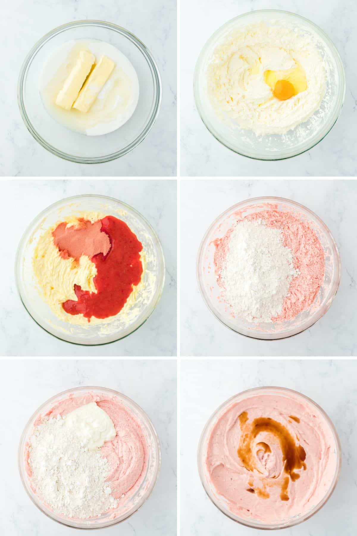 A collage showing the butter and sugar in a bowl, adding the eggs, adding the strawberries, adding the flour, the sour cream, and last the vanilla.