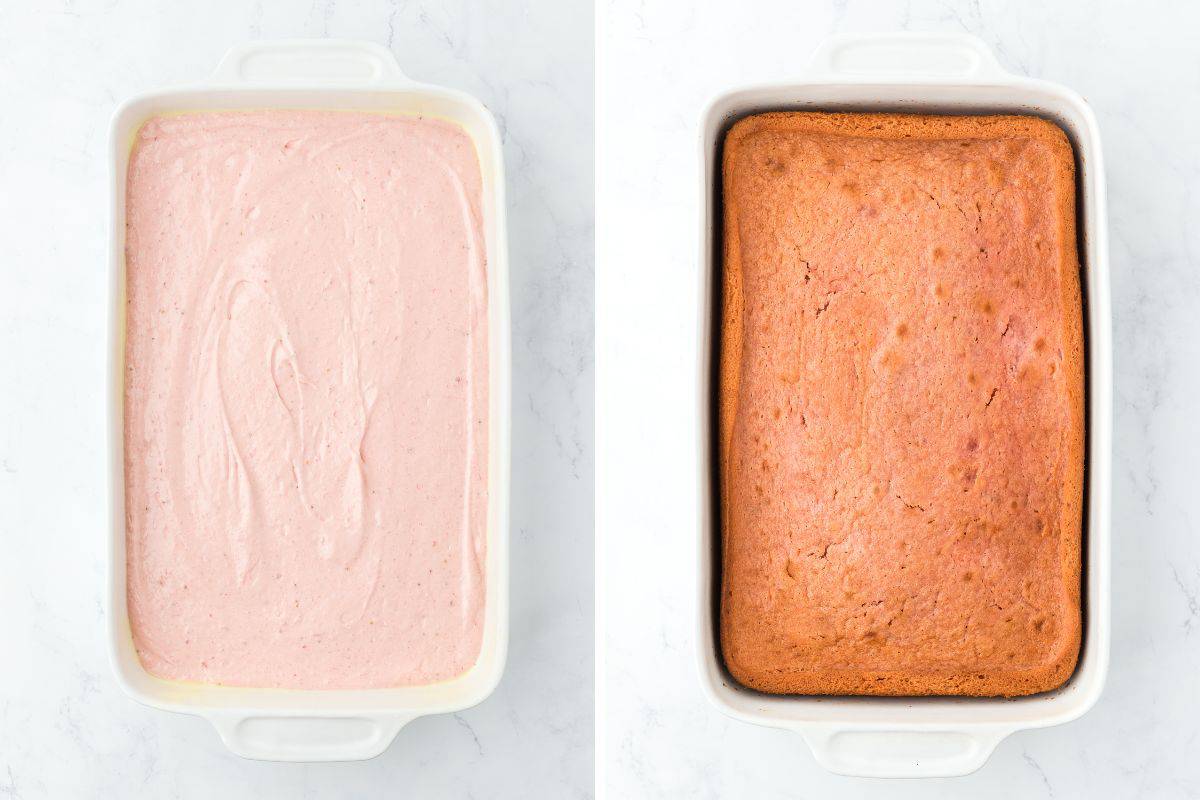 Strawberry cake batter poured into rectangle baking pan and then after it's baked.