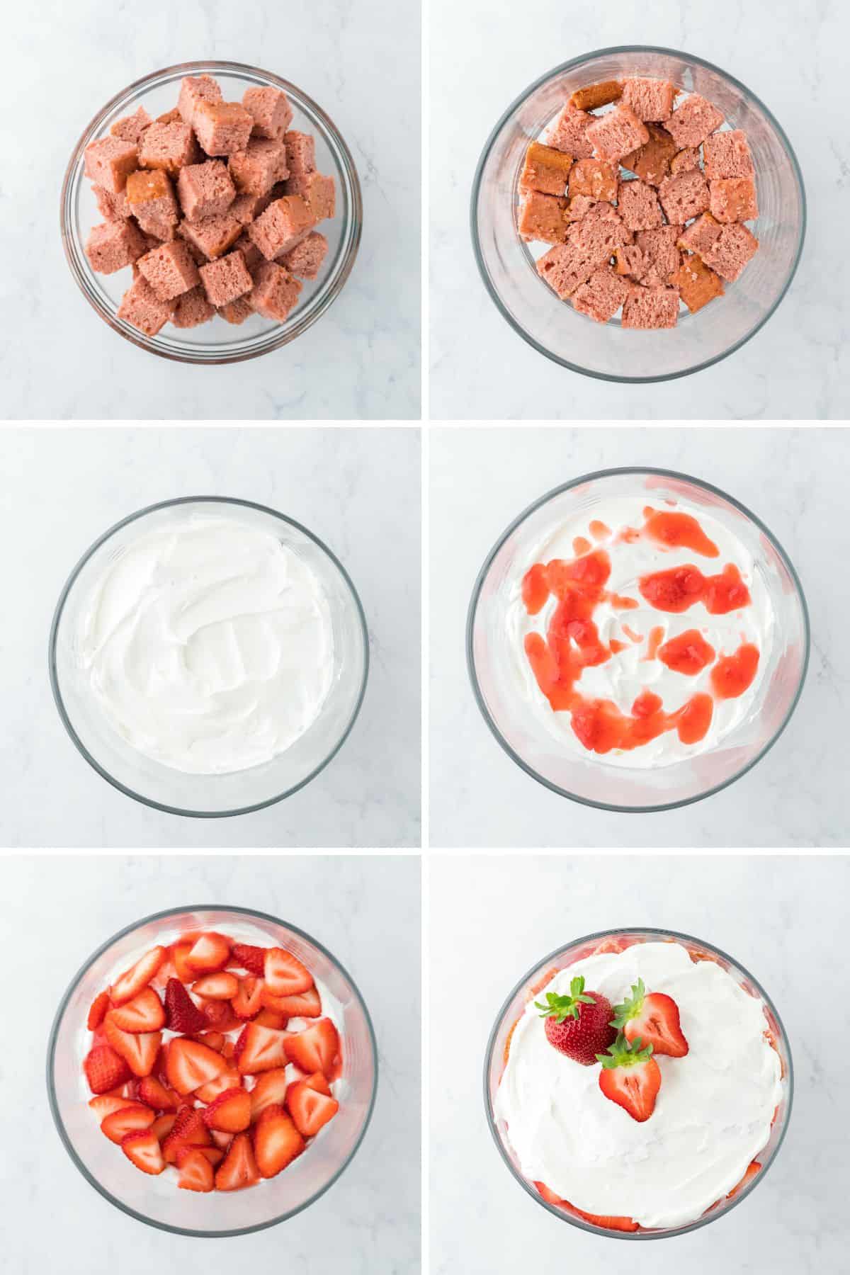 A collage showing the cut cake, layered in the dish, topped with whipped cream, then strawberry sauce, fresh berries, and last whipped cream and strawberries for garnish.
