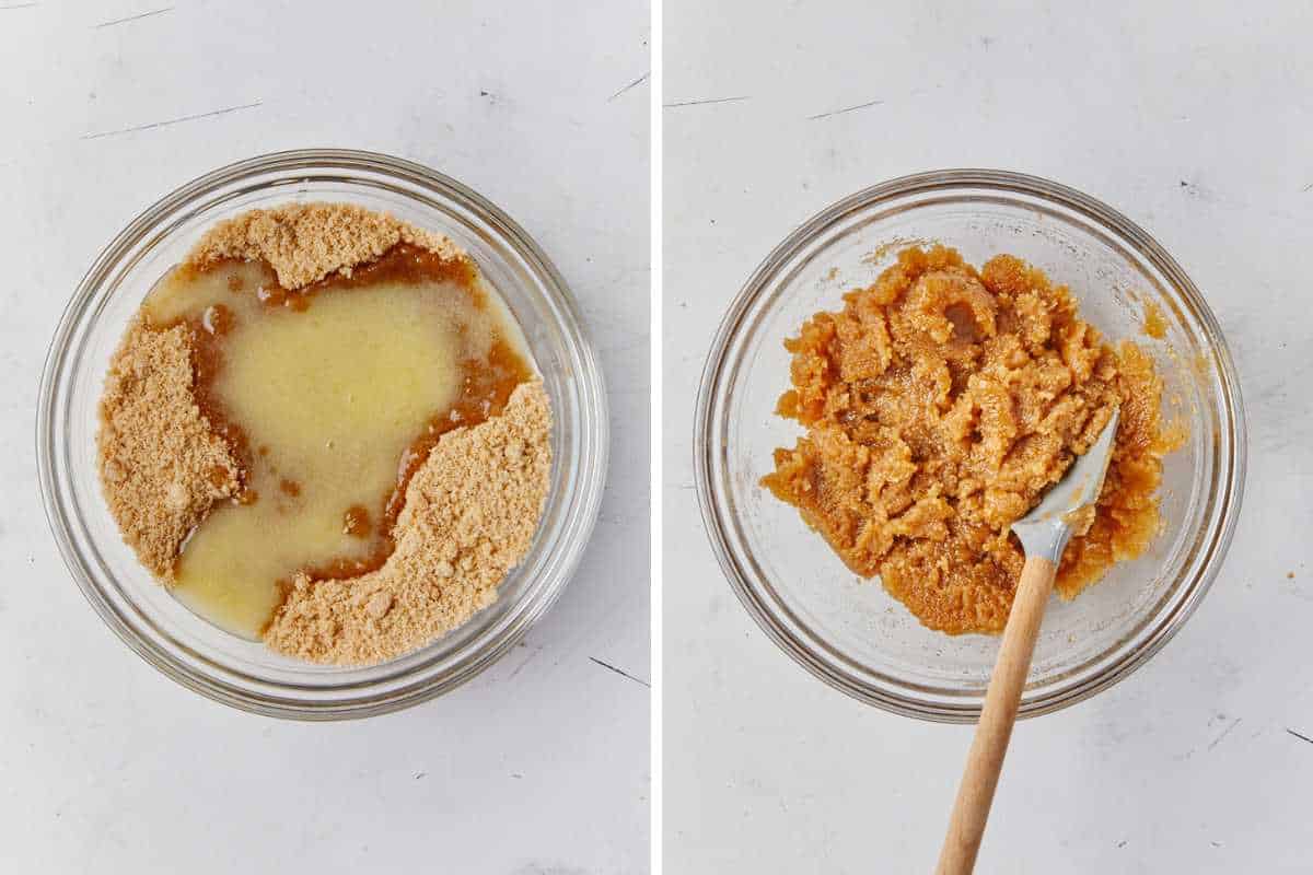 Two images of the cinnamon roll filling in a bowl and then after mixed together.