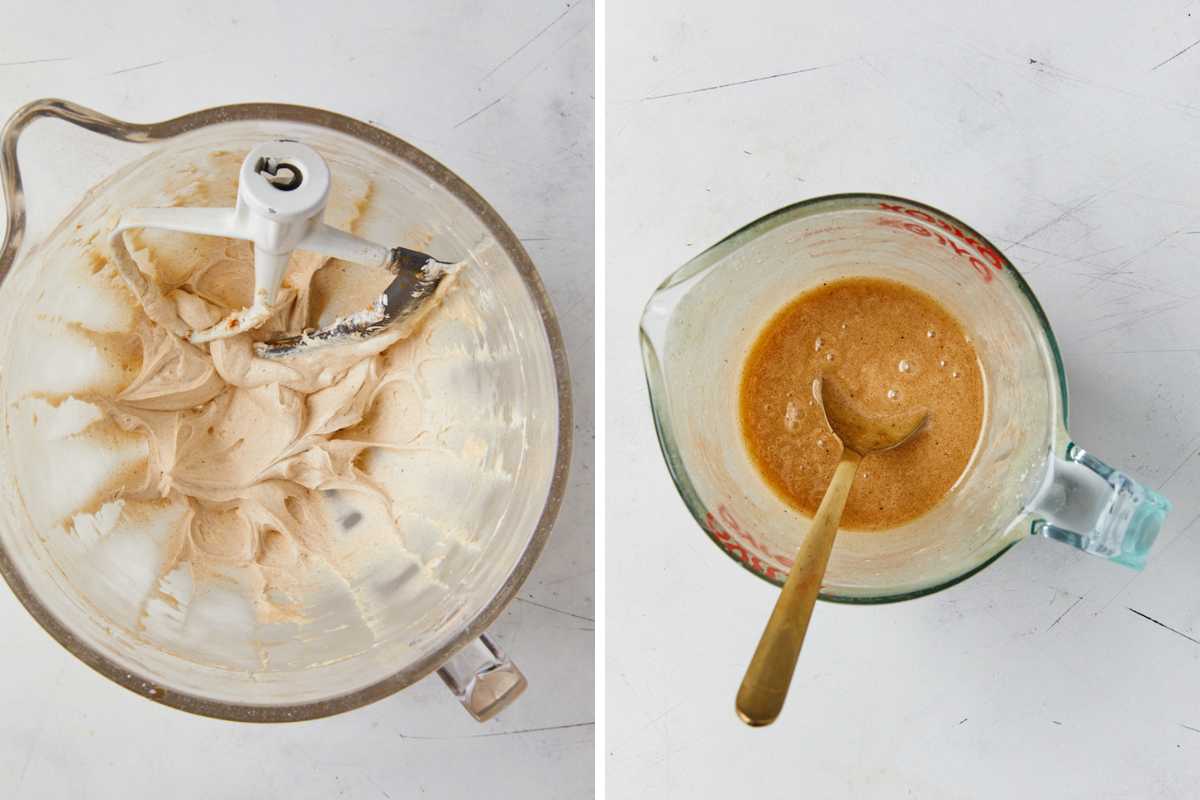 Flavored butter mixed in a bowl and the maple frosting mixed in a glass.
