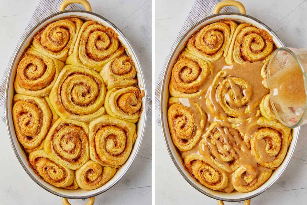 Baked pumpkin cinnamon rolls after baking and then adding the frosting.