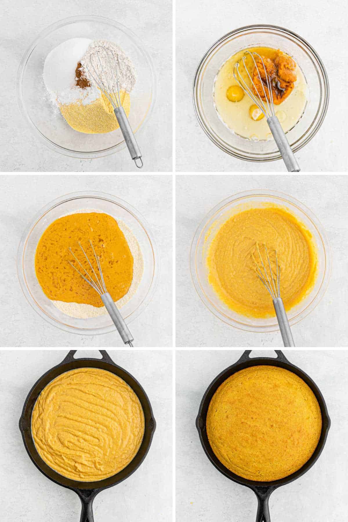 A collage of images from making the pumpkin cornbread batter to baking it in a skillet.