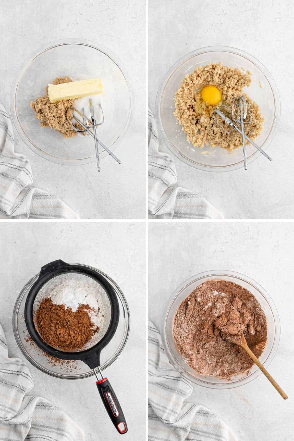 A collage of mixing the batter for chocolate turtle cookies.