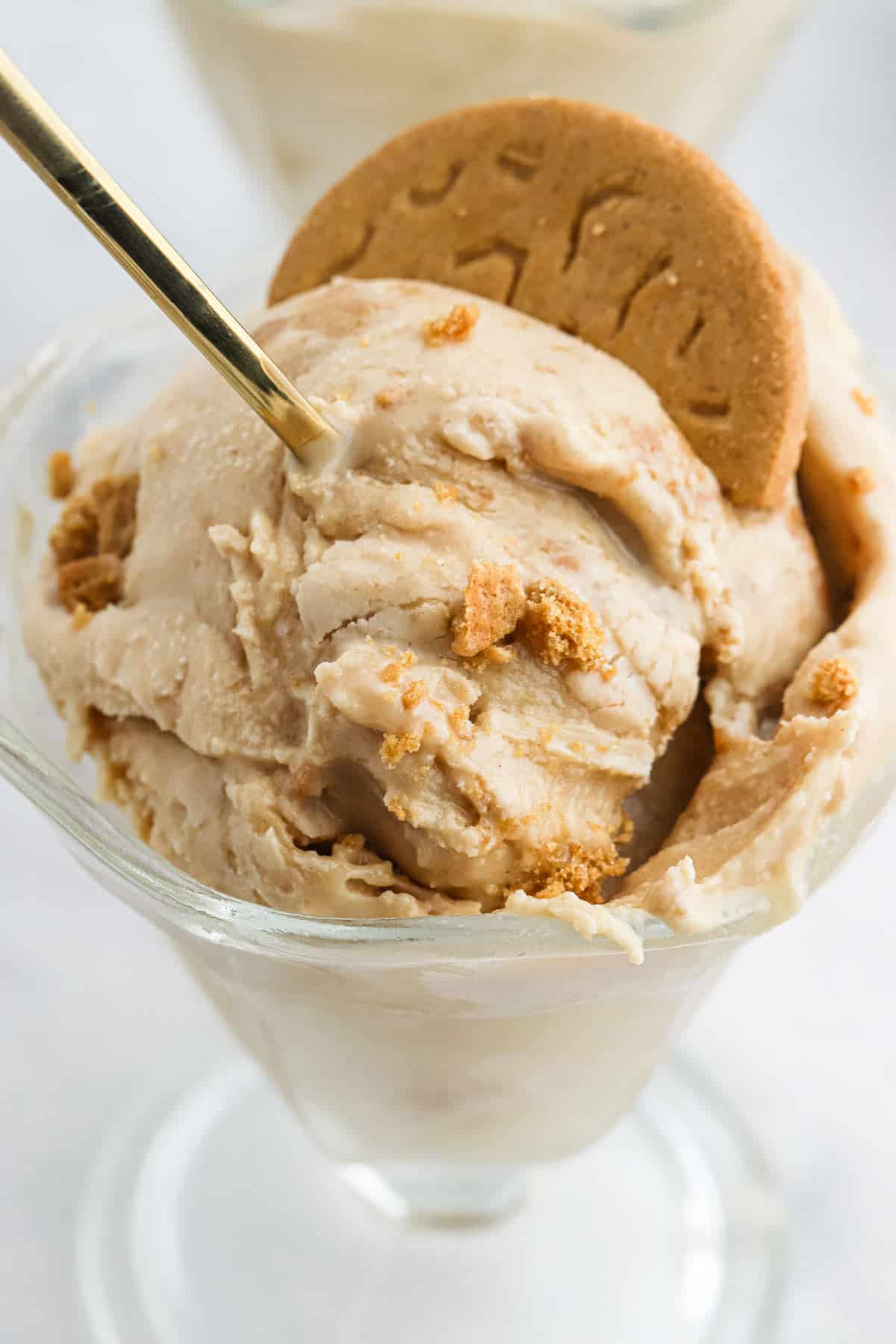 A close up of scoops of cookie butter ice cream in a glass dish with a spoon.
