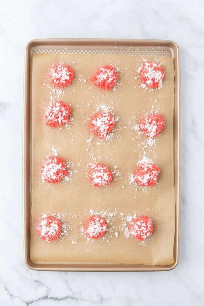 Raspberry cookie dough. on cookie tray before baking