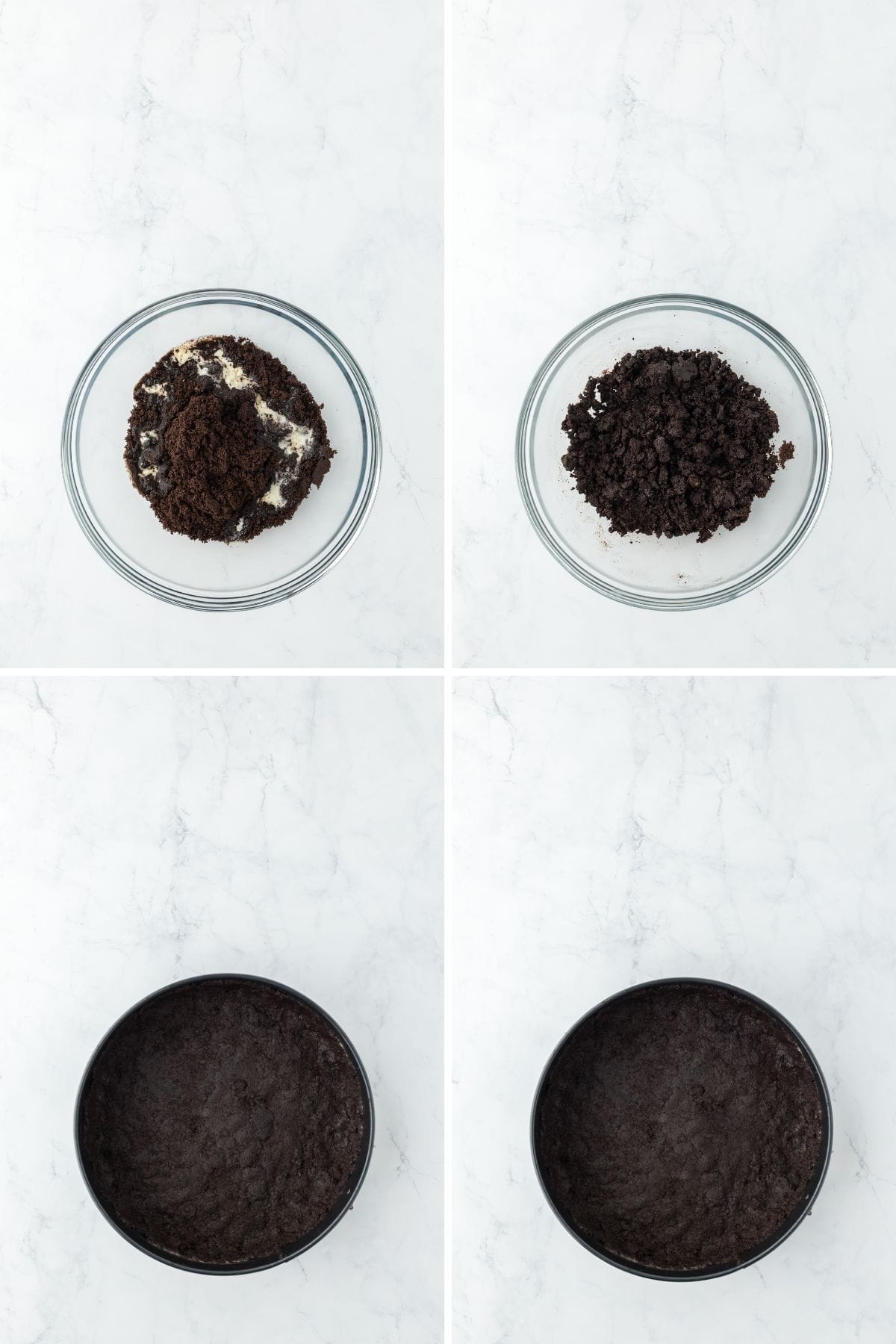 A collage of steps for making the chocolate cookie crust.