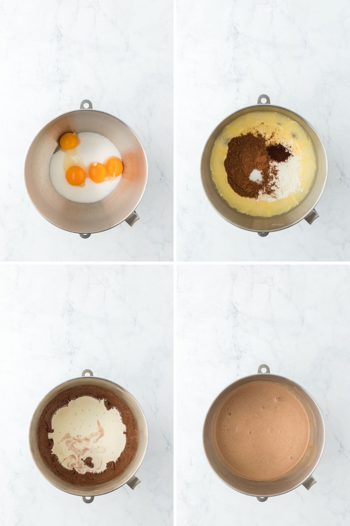 A collage of images for making the creamy chocolate pie filling.
