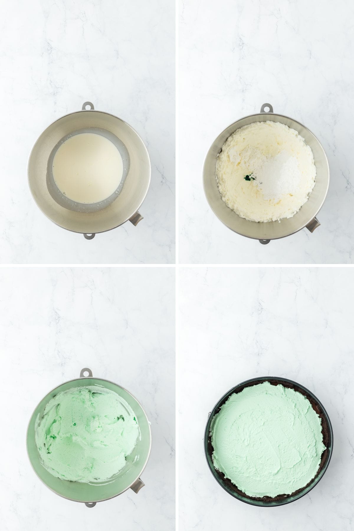A collage of images showing making the mint topping for the cream pie.