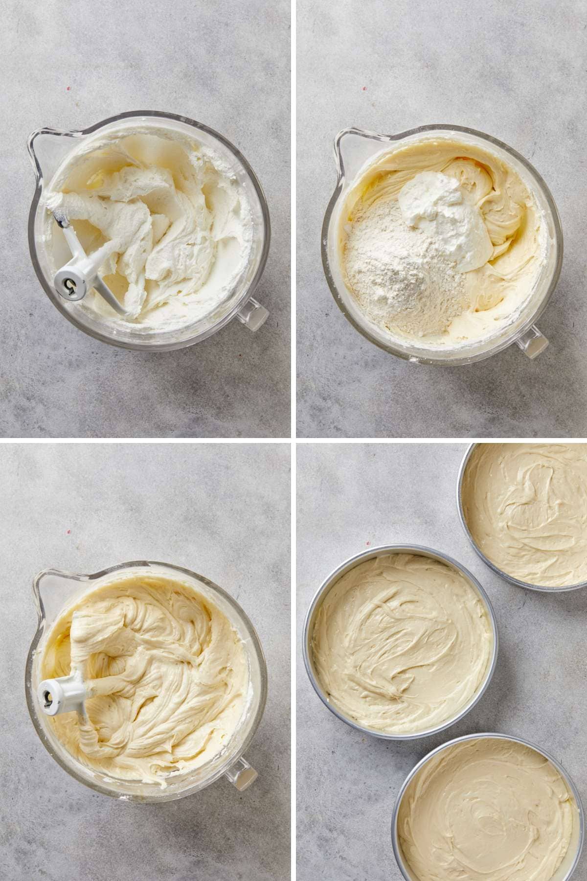 A collage of images showing the steps for making the yellow butter cake batter.