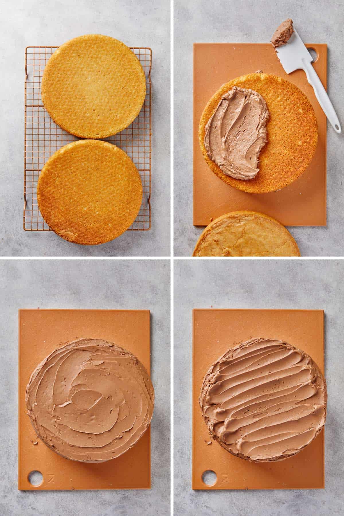 A collage showing how to layer and add the frosting to the cakes.