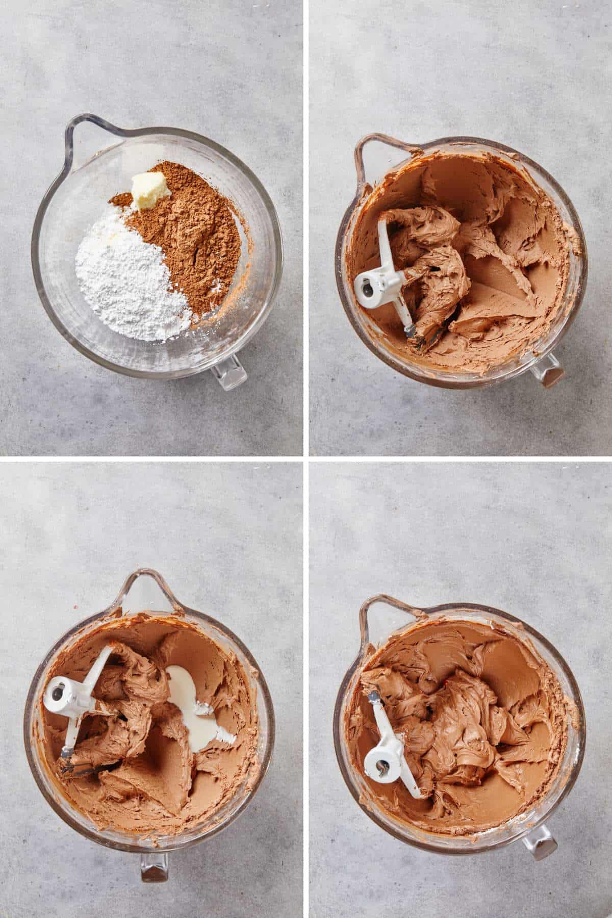 A collage showing the steps for making the chocolate frosting.