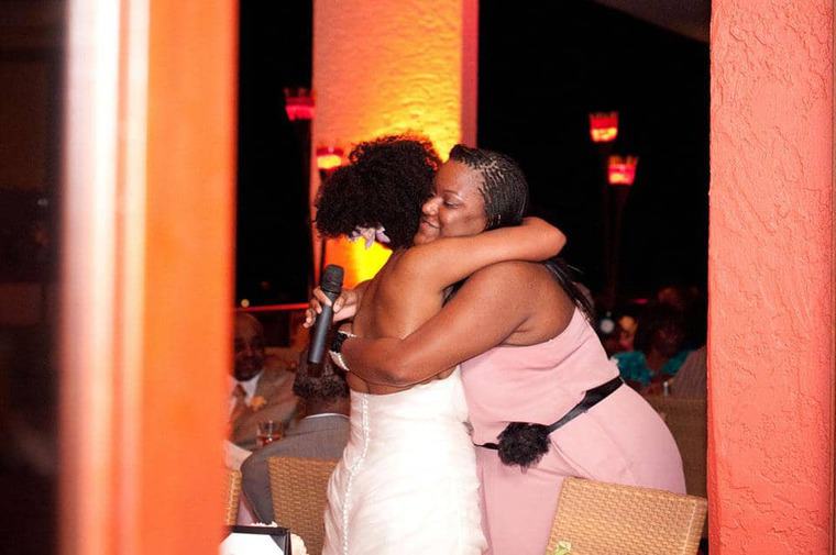 Jocelyn Delk Adams and Leonore Draper hugging at Jocelyn's wedding reception