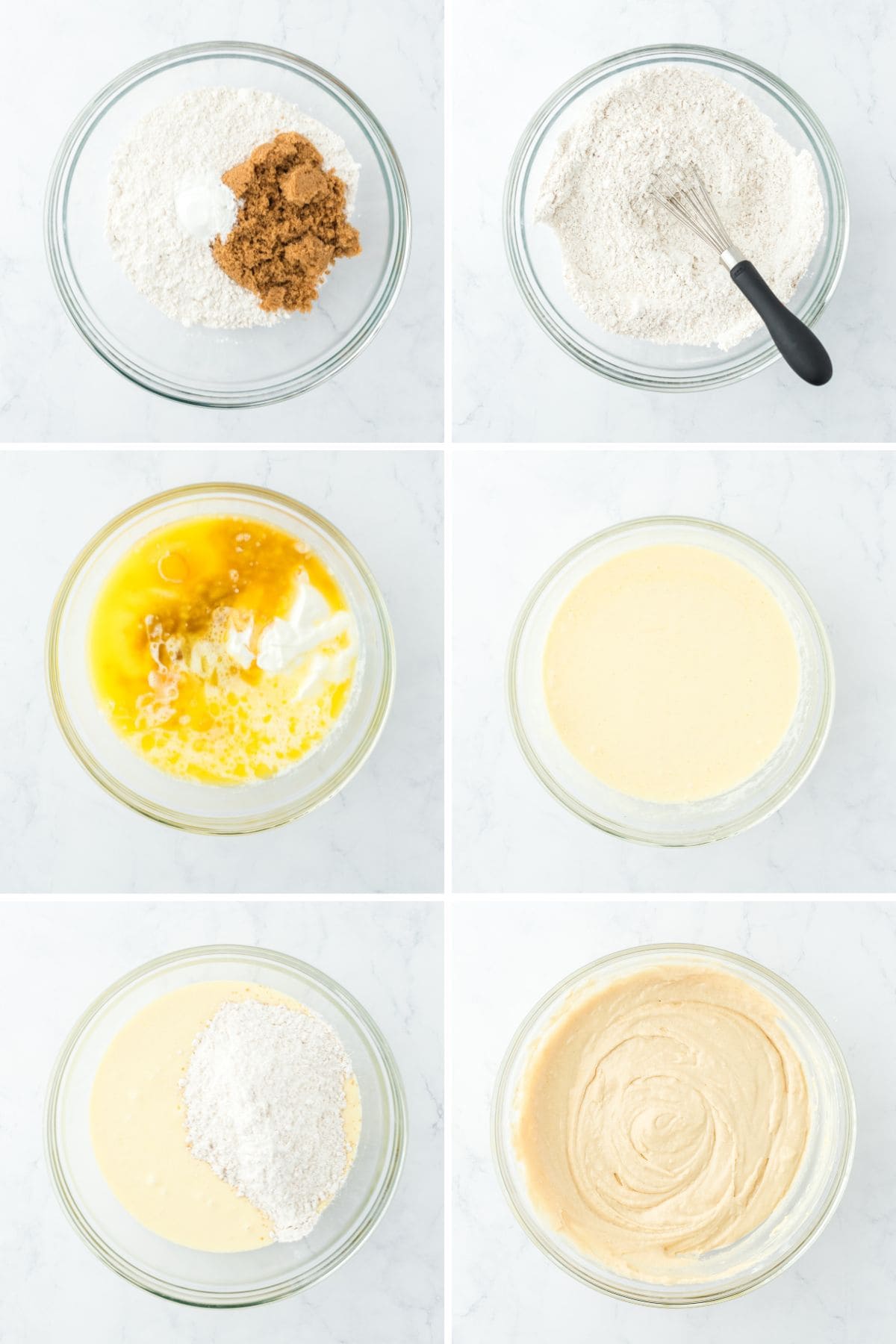 A collage showing making the brown sugar pancake batter.