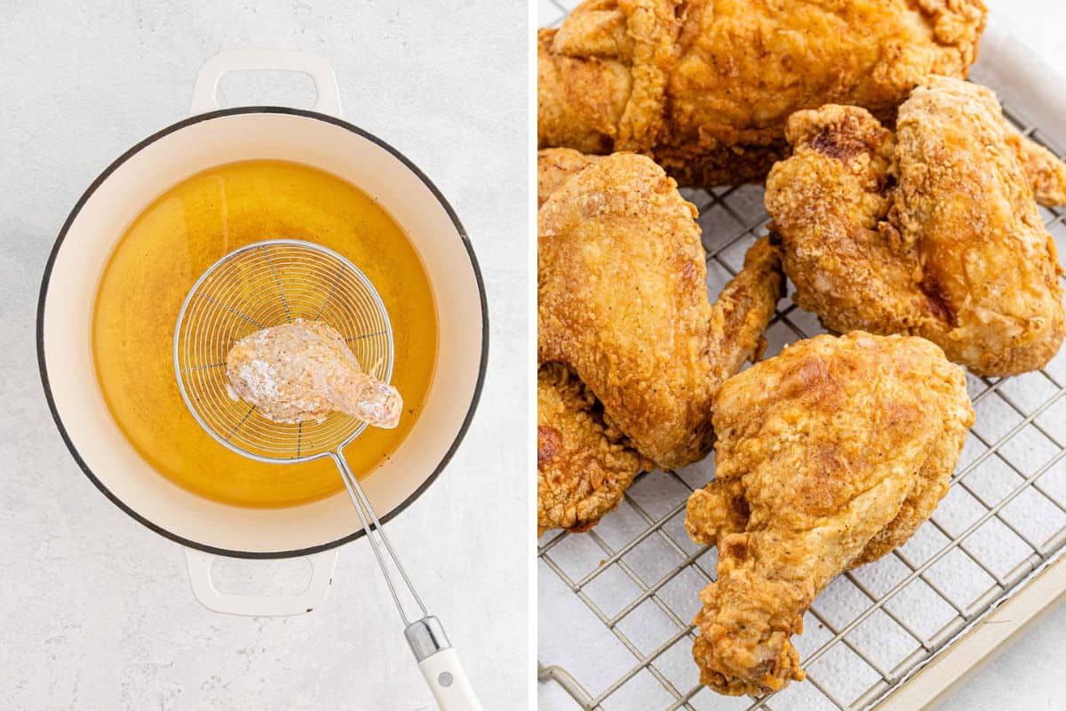 A collage of cooking the fried chicken in oil and then draining on a rack.