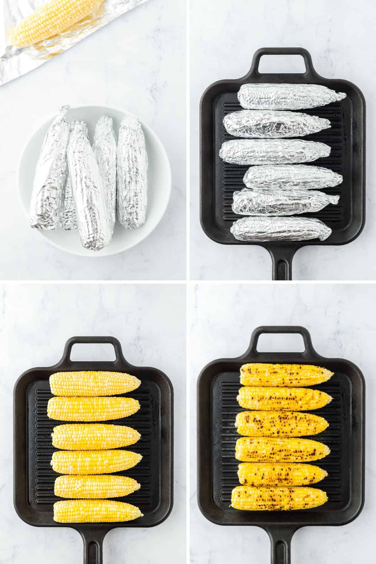 A collage showing corn wrapped in foil, on a grill pan, unwrapped on the pan, on the pan with browned kernels.